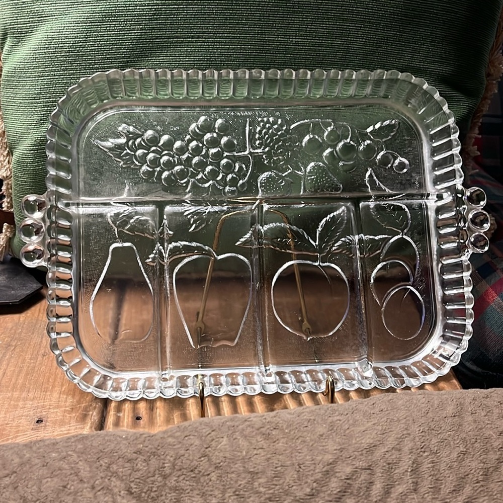 VTG Rare Clear Indiana Glass Co 5 Section Divided “Fruit” Tray w/Bubble Handles